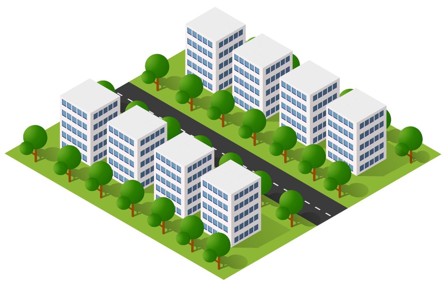 ilustración 3d isométrica área urbana de la ciudad con muchas casas y rascacielos, calles, árboles y vehículos vector