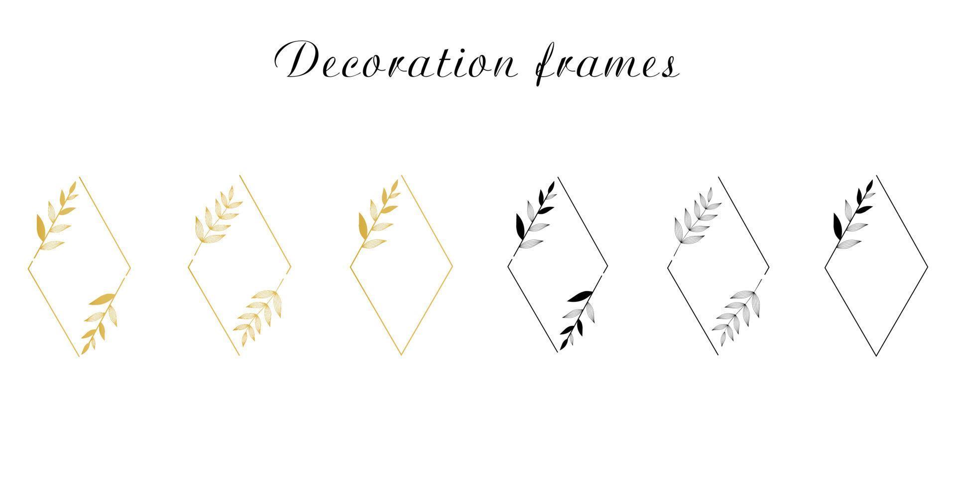 Collection of decoration frames with plant in black and gold colors. Diamond shape. Design elements for card invitation, scrapbook, album. Vector illustration.