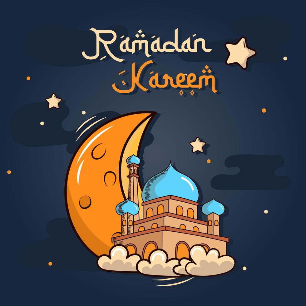 happy ramadan kareem with mosque and moon hand draw style vector