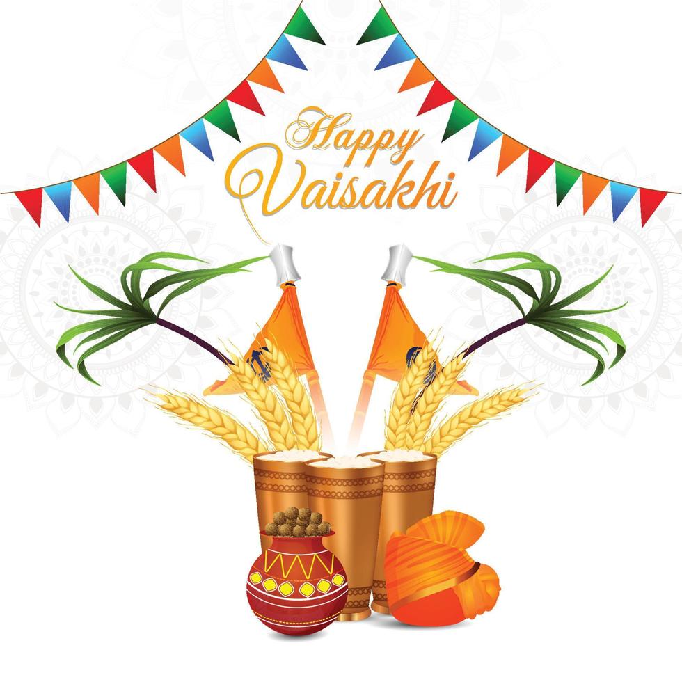 Happy vaisakhi design with wheat and drum vector