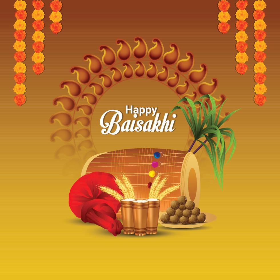 Happy vaisakhi design with wheat and drum vector