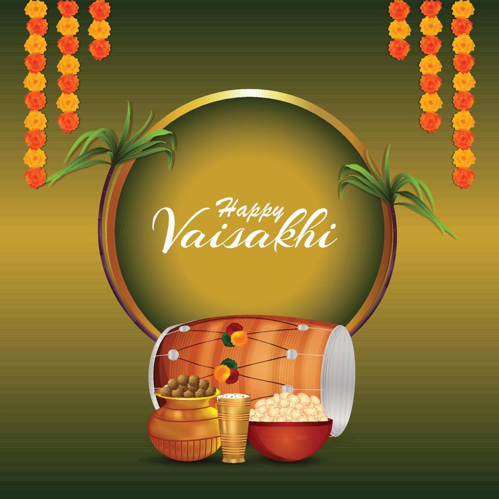 Happy vaisakhi design with wheat and drum vector