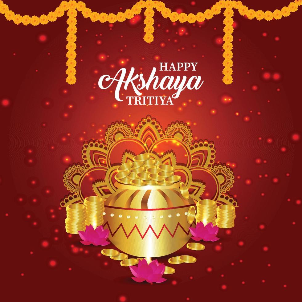 Happy celebration akshaya tritiya day with gold coin pot vector