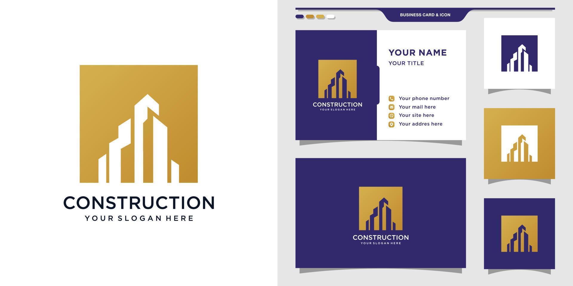 Construction logo with golden style color and business card design Premium Vector