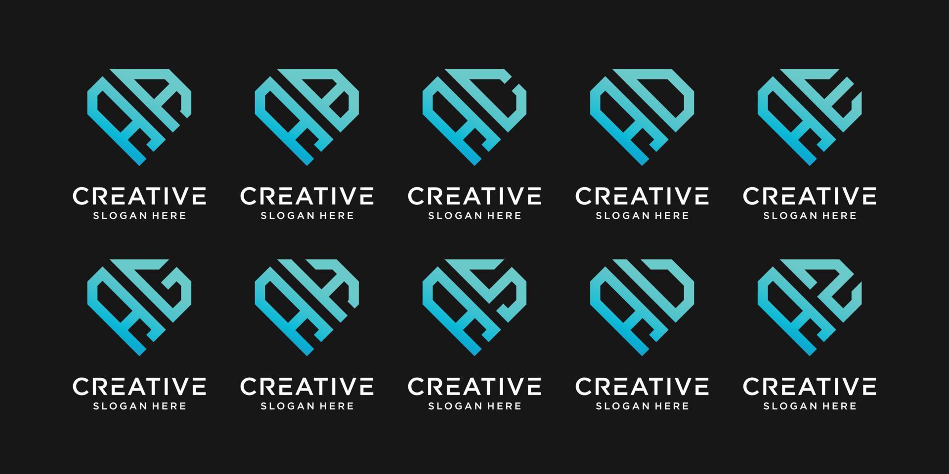 Set of monogram logo design initial letter A combined with other in diamond style vector