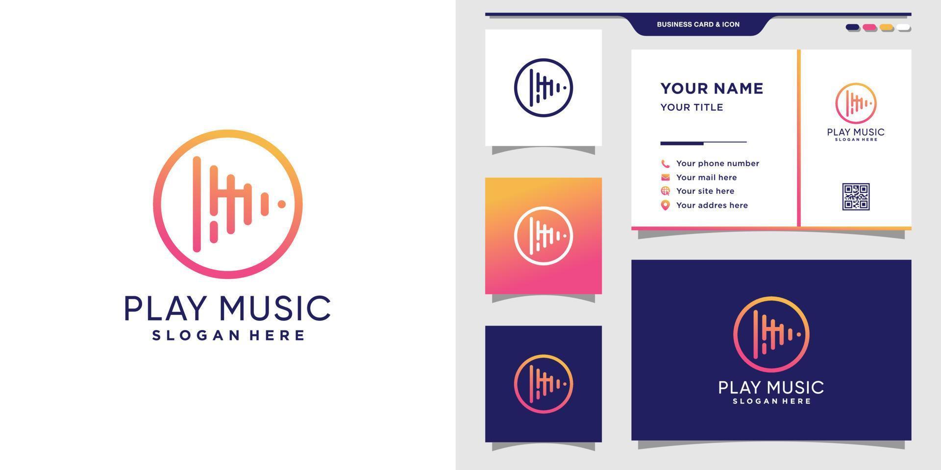 Play music logo initial letter M with line art style and circle concept and business card design Premium Vector