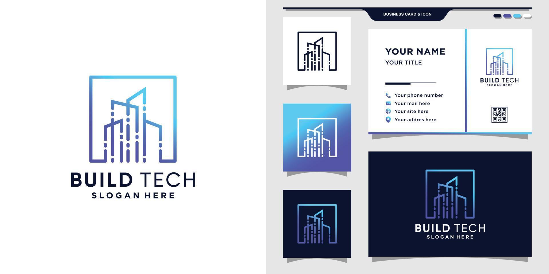 logotipo de tecnología de construcción moderna con estilo de arte de línea y diseño de tarjeta de visita. logotipo de inspiración para vector premium de tecnología de construcción