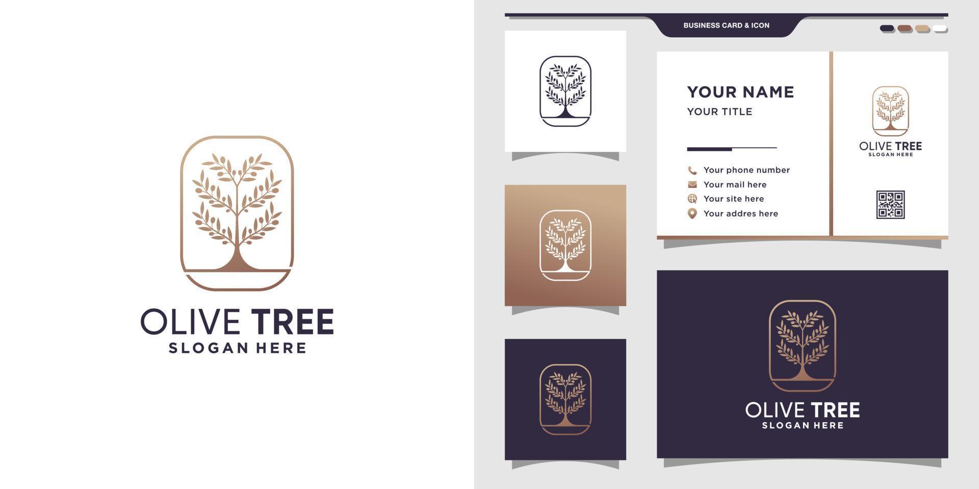 Olive tree logo with line art style and business card design Premium vector