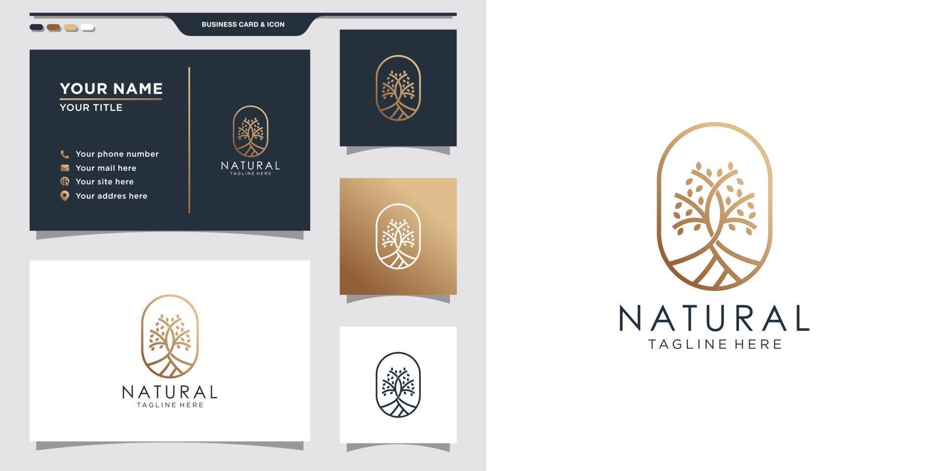 Natural tree logo with line art style and business card design. Premium Vector