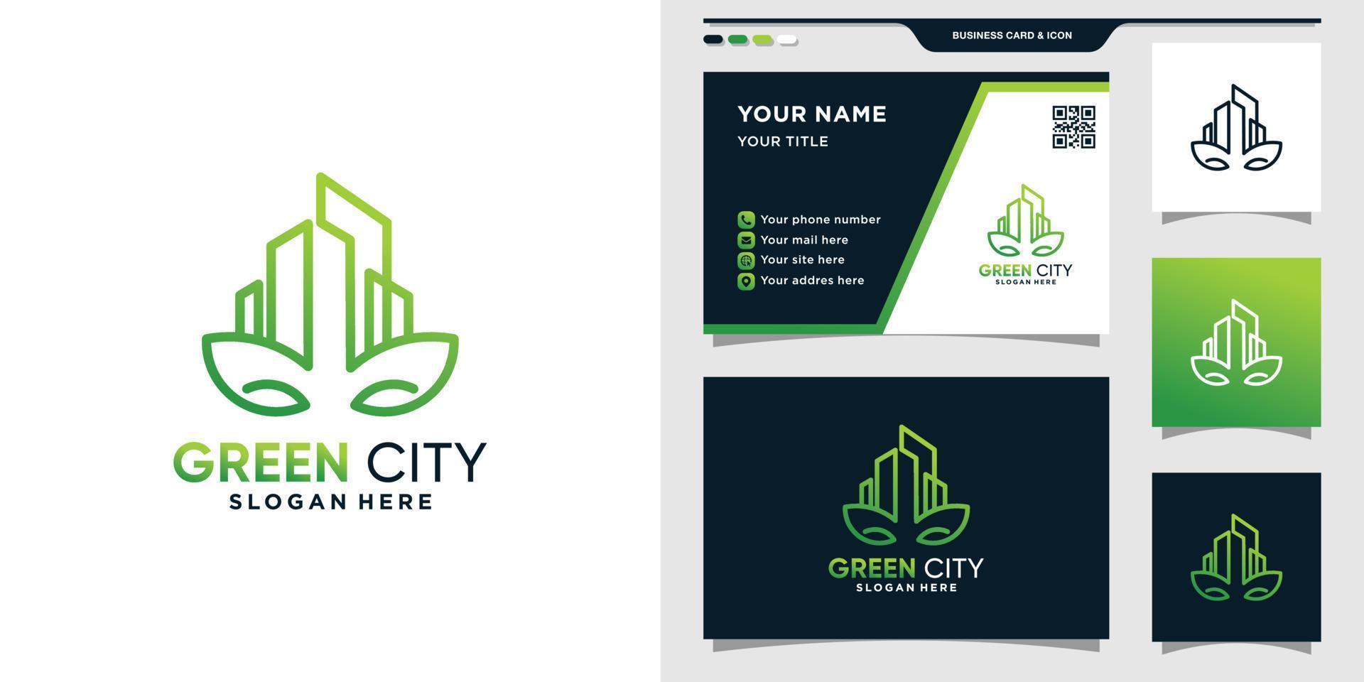 Building logo with linear style. Green city logo and business card design Premium Vector