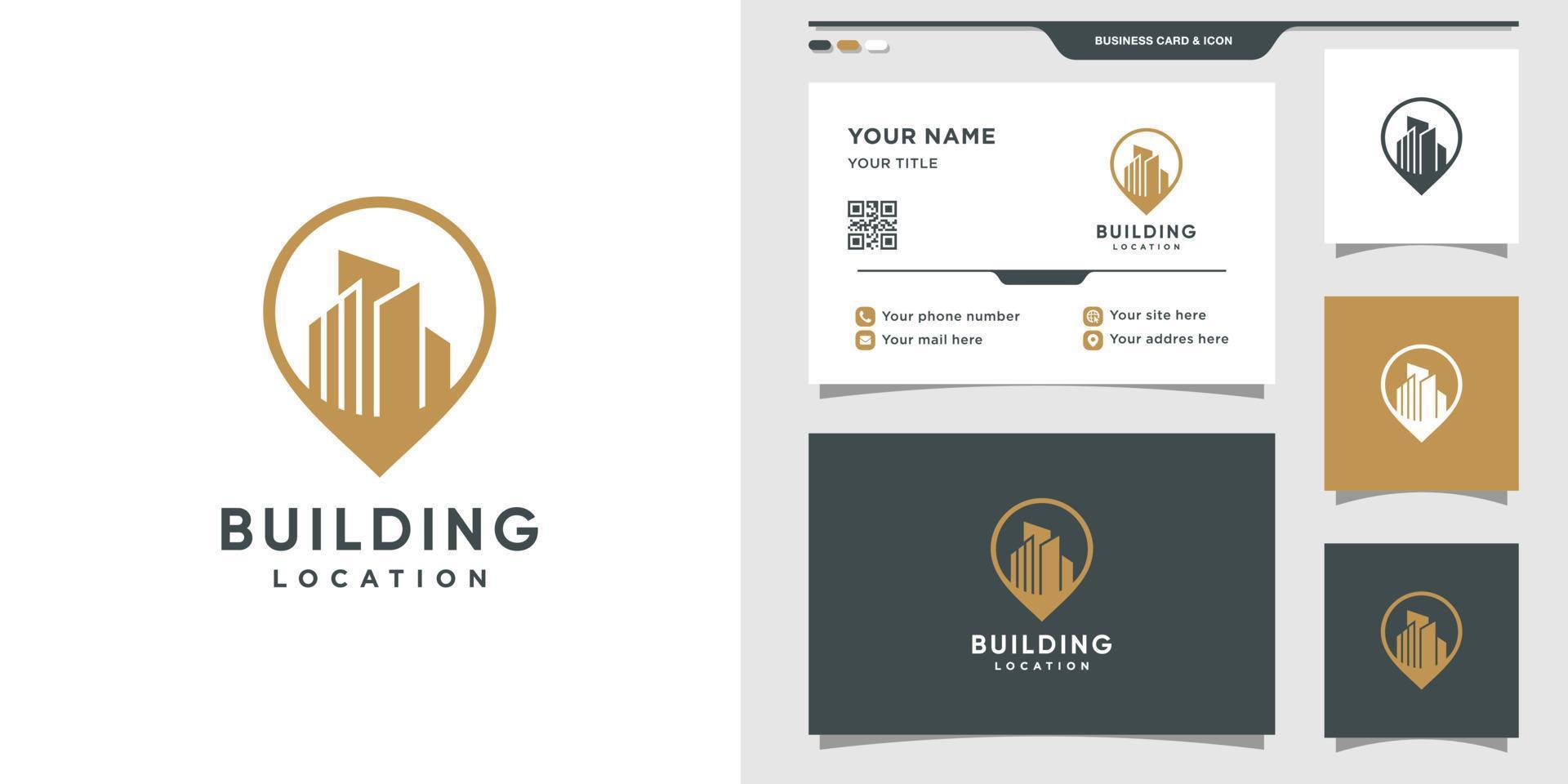 diseño de logotipo de ubicación de edificio con concepto de pin. diseño de logotipo y tarjeta de visita. vector premium