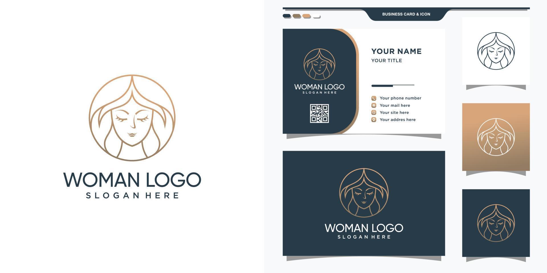 Woman face logo in line art style and business card design. Inspiration, illustration logo for beauty salon, yoga, cosmetic and spa. Logo design template Premium Vector