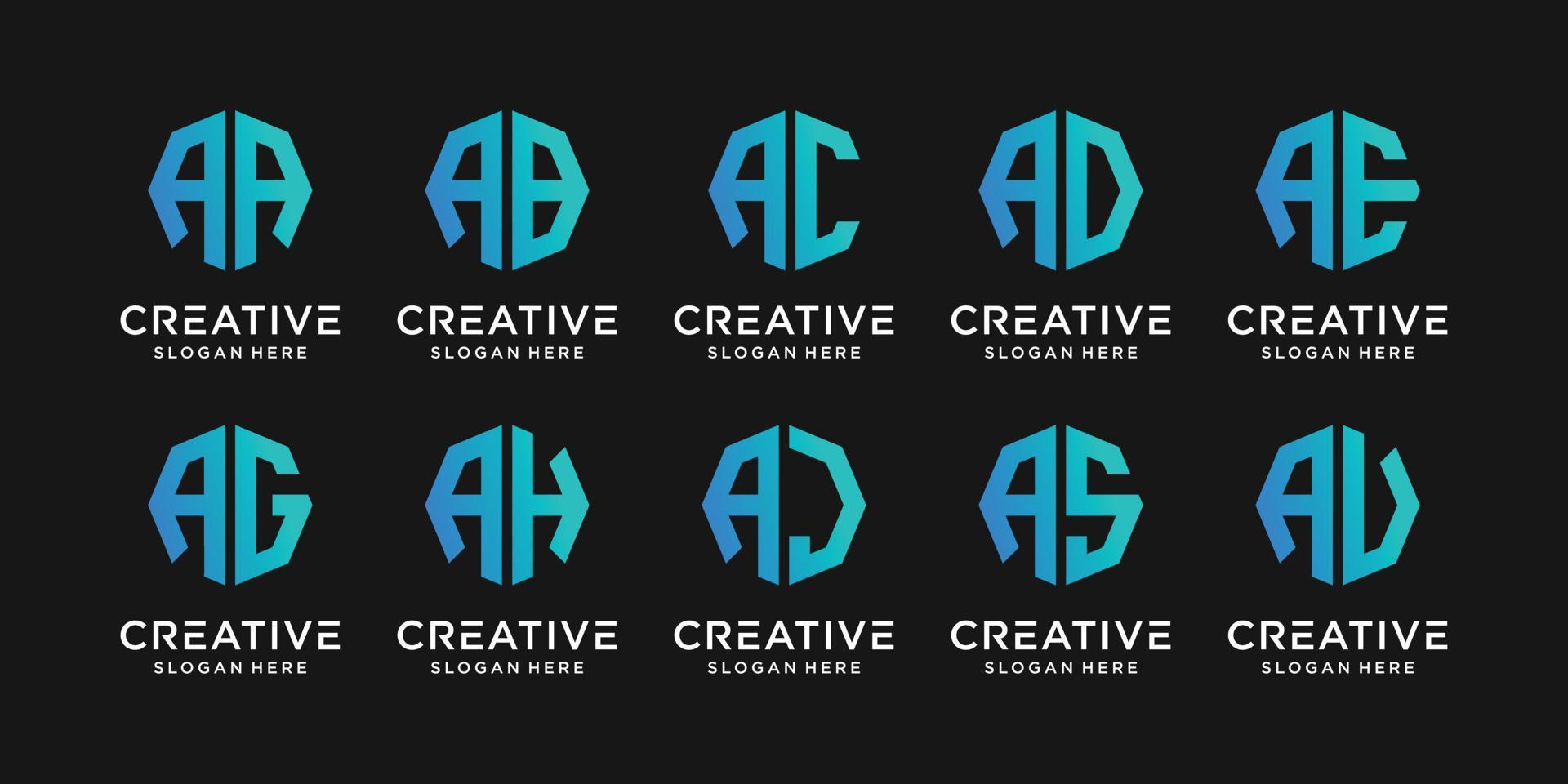 Set of monogram logo design initial letter A combined with other in octagon style vector