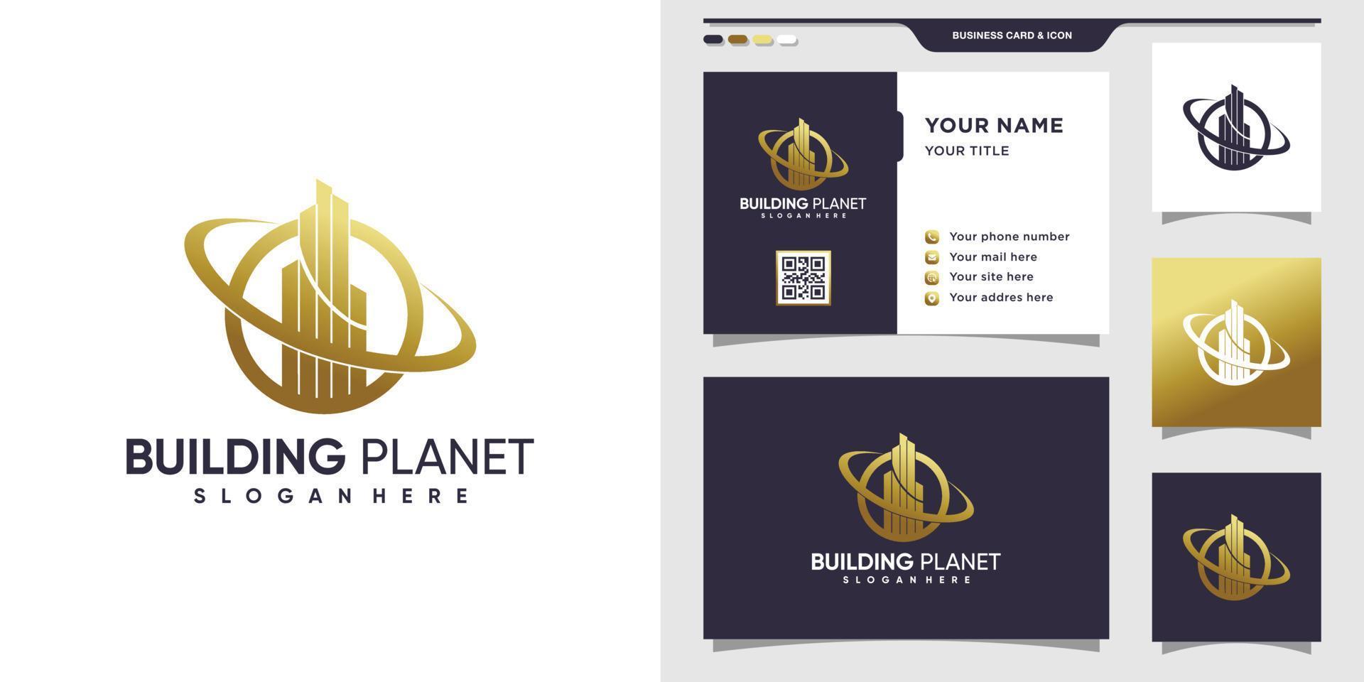 Building planet logo with line style and business card design. Building abstract logo for inspiration, illustration Premium Vector