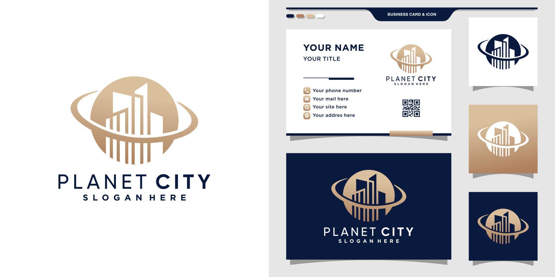 Planet city logo with creative concept and business card design.Premium Vector