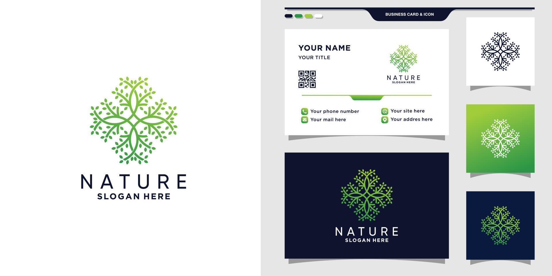 Abstract nature logo with line art style and business card design vector