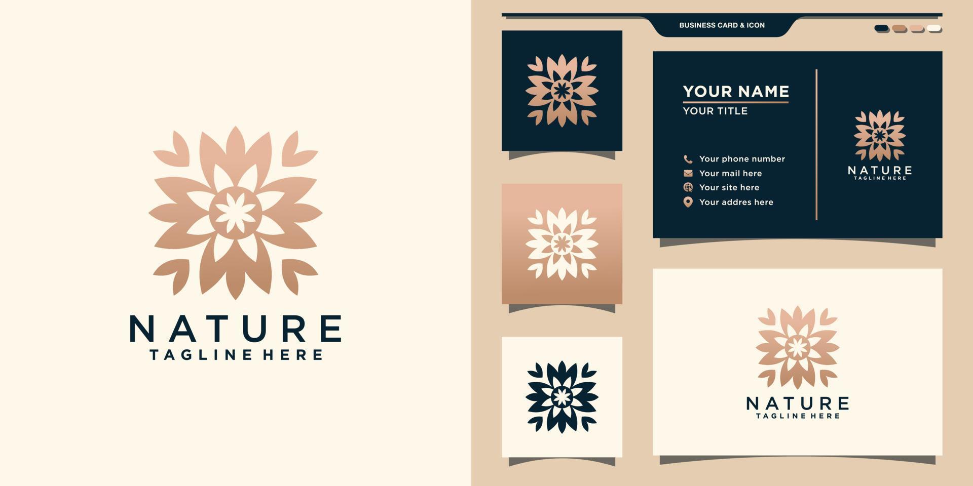 Nature logo with line art style and business card design. Logo can be used for salon, skin care, cosmetic and spa. Premium Vector