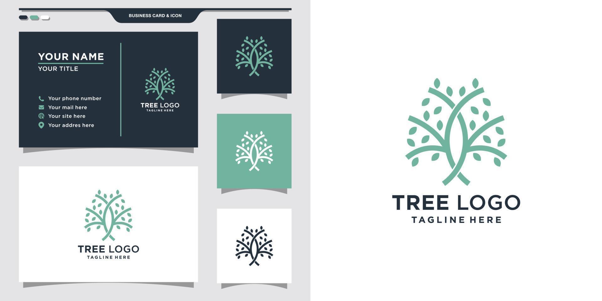 Tree logo with line art style and business card design. Logo template. Premium Vector