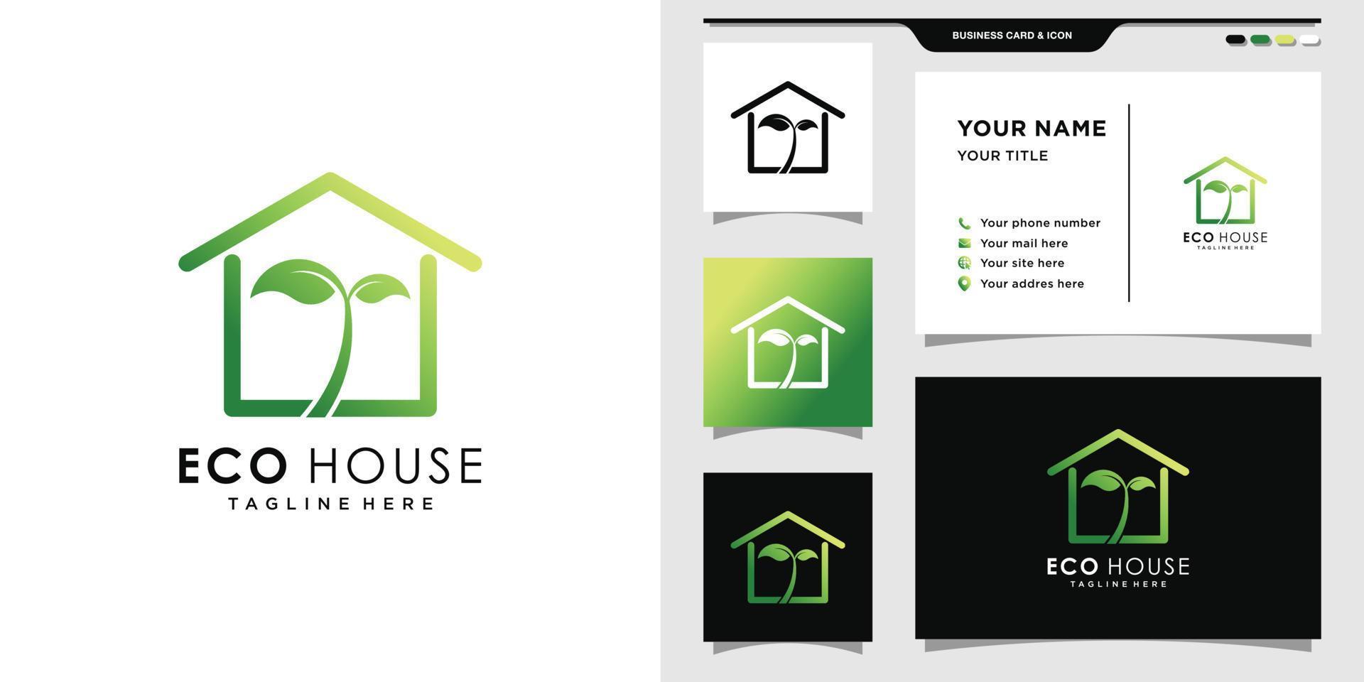 House logo with leaf style and business card design. Elegant eco house logo inspiration, illustration. Premium Vector