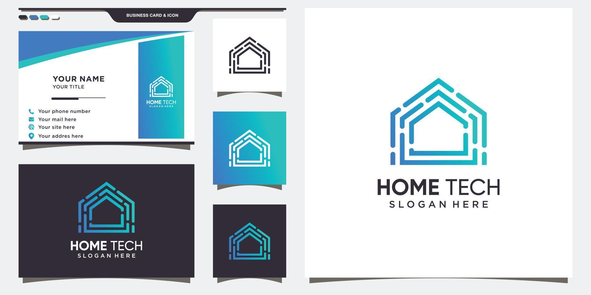 Home logo with gradient tech style and business card design. Premium Vector