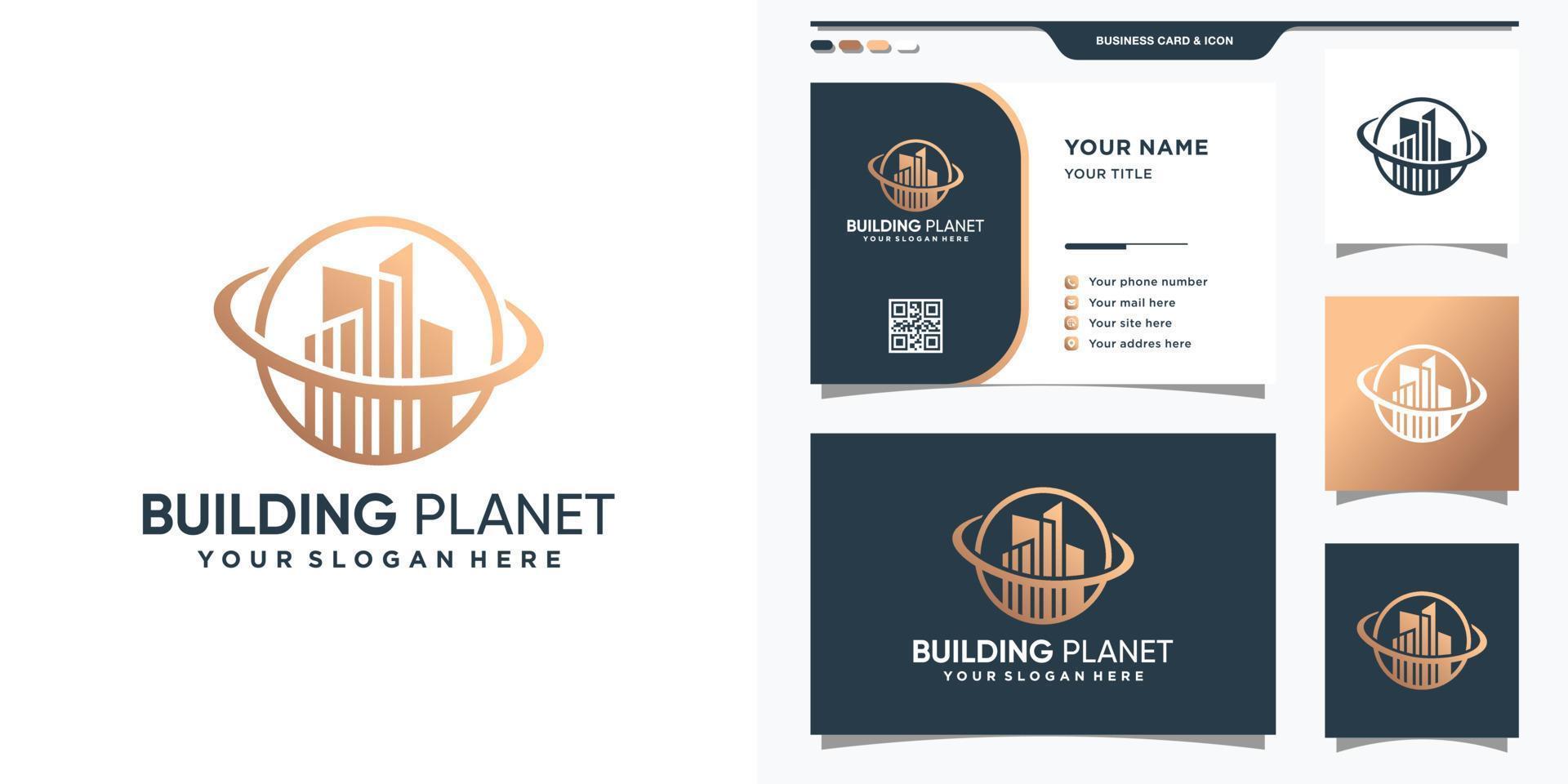 logotipo del planeta de construcción con concepto creativo y diseño de tarjeta de visita.vector premium vector