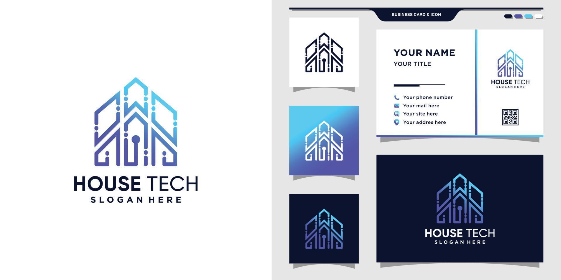 House tech logo with line art style and modern concept. Logo icon and business card design. Premium Vector