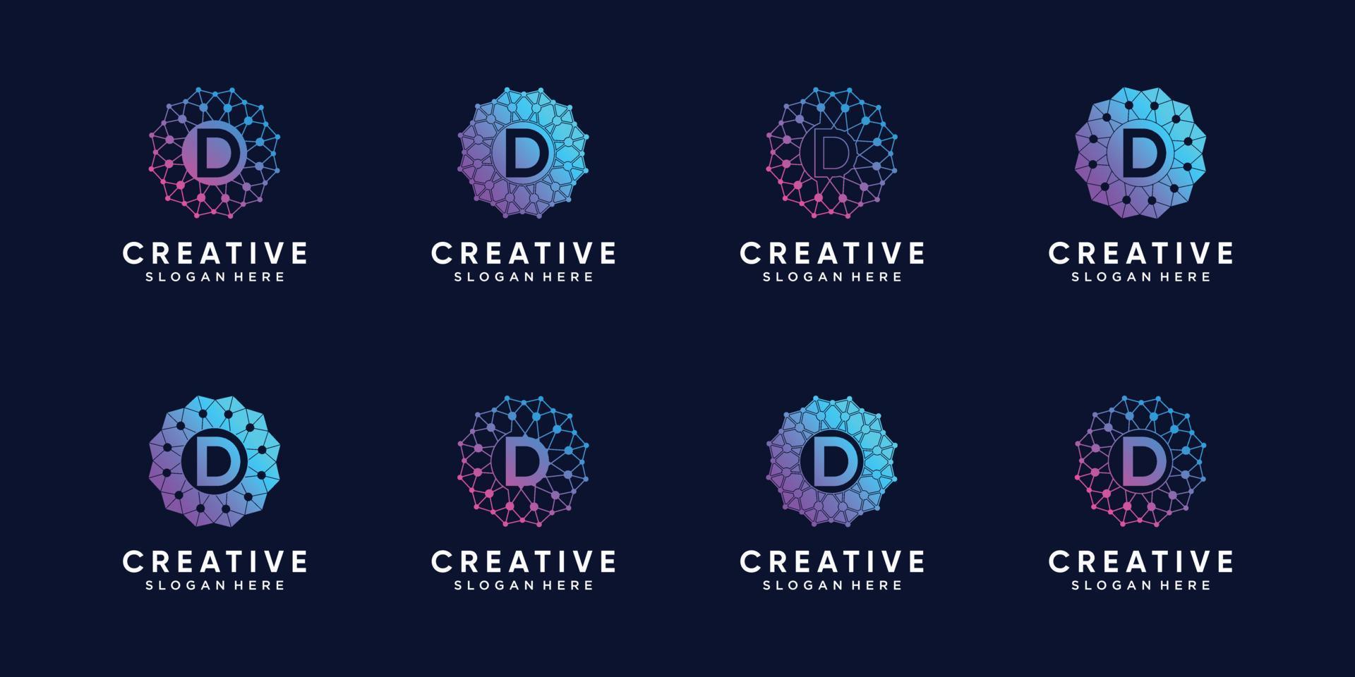 conjunto de tecnología de diseño de logotipo de monograma creativo letra inicial d con arte de línea y estilo de punto. vector premium