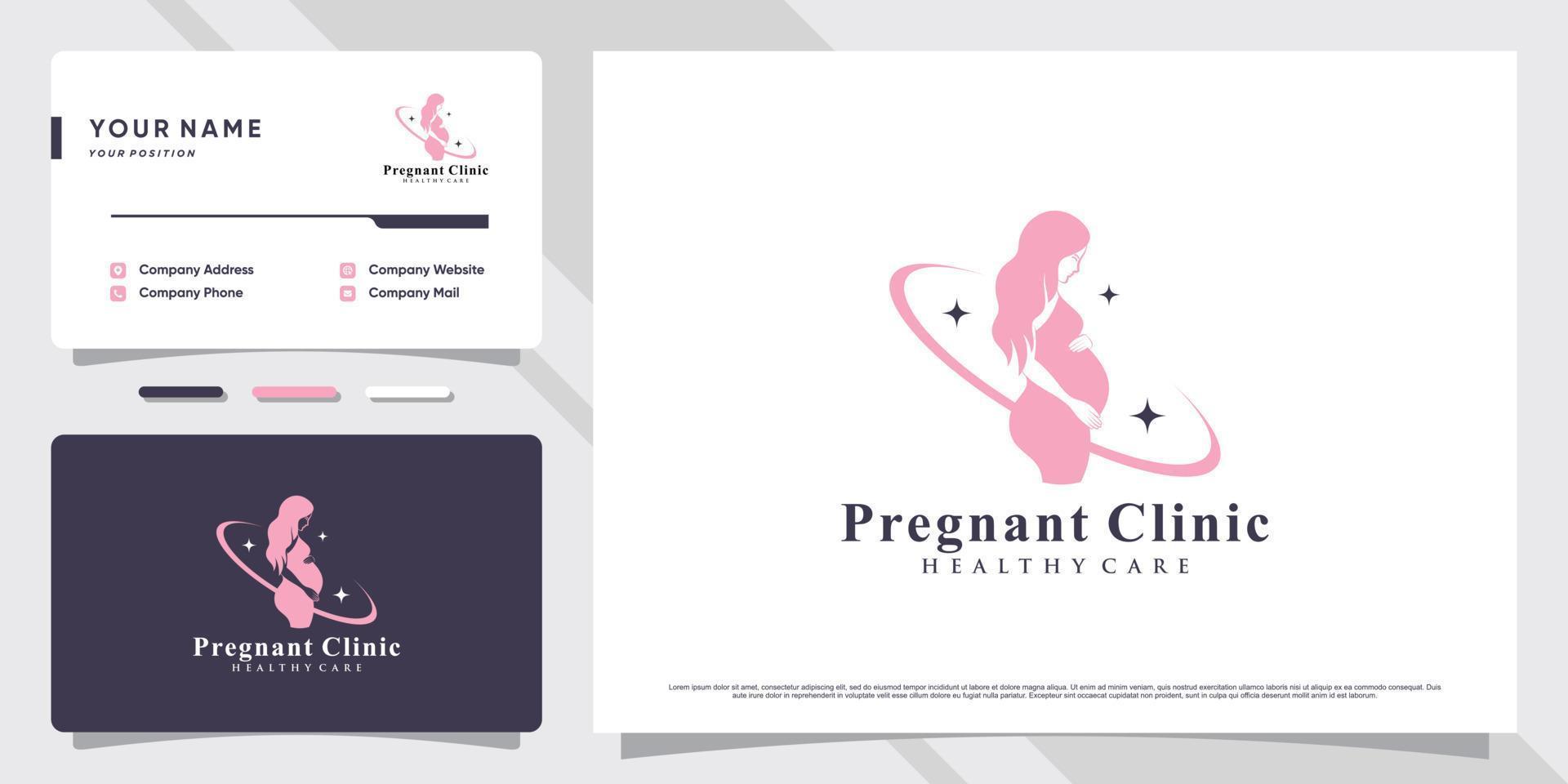 Woman pregnant clinic logo with creative concept and business card design Premium Vector
