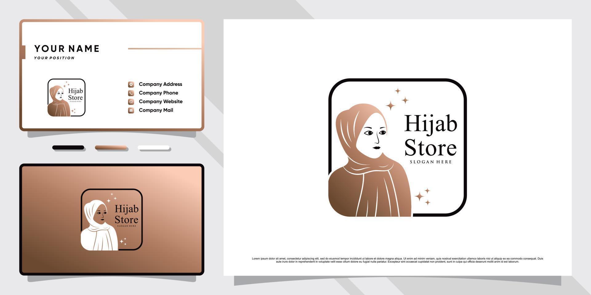 logotipo musulmán de mujer de belleza con hiyab con elemento creativo y diseño de tarjeta de visita vector premium