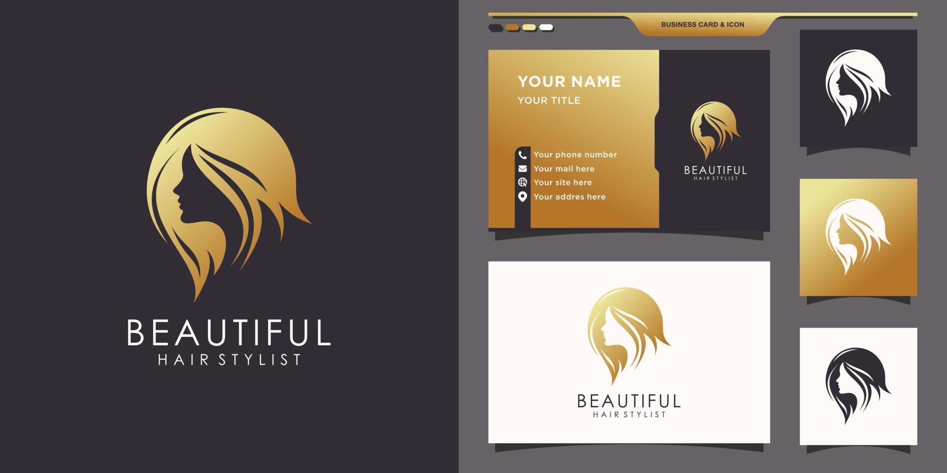 Elegant beautiful logo for woman with golden style and business card design. Logo can be used for beauty salon, hair stylist, hairdresser. Premium Vector