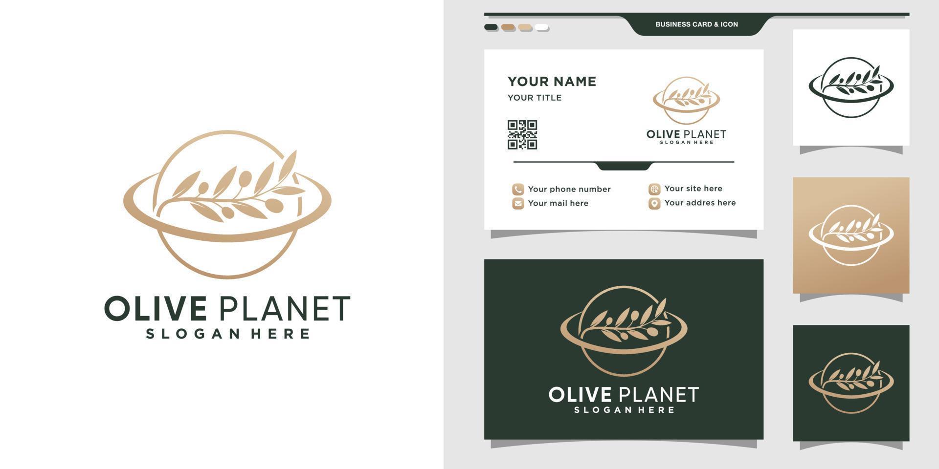 logotipo de olive planet con estilo de arte de línea y vector premium de diseño de tarjeta de visita