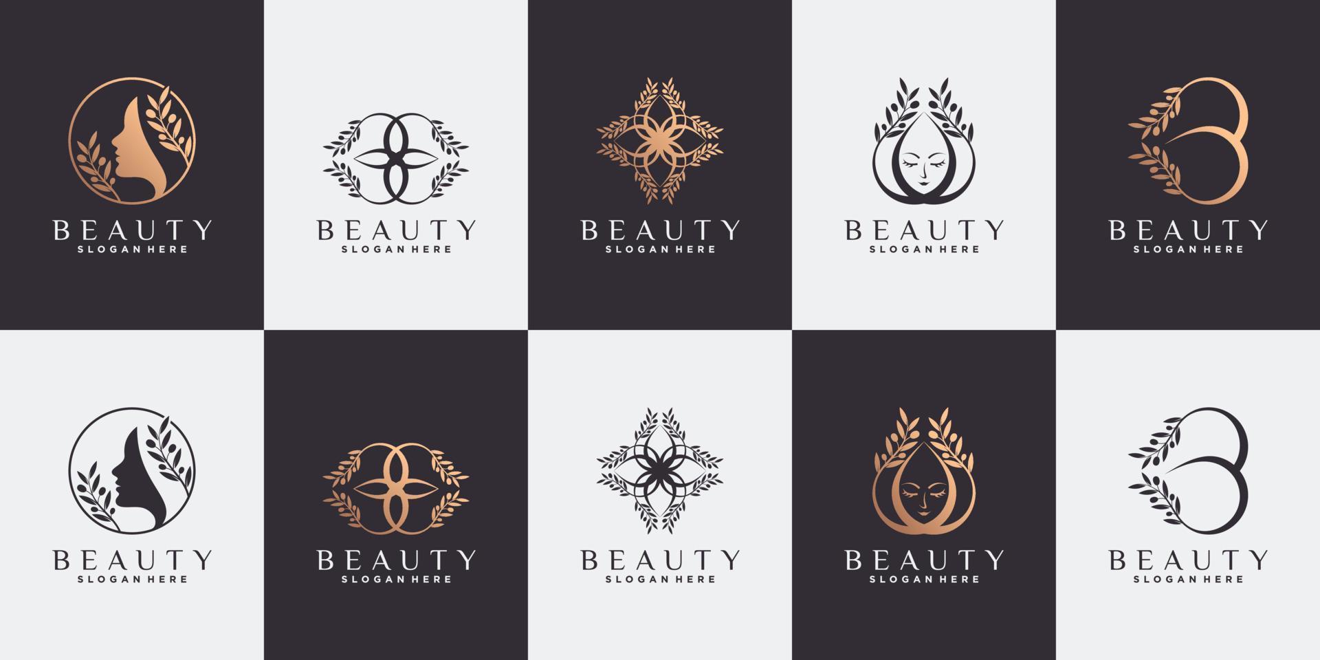 Set of abstract beauty logo design with olive tree in line art style vector