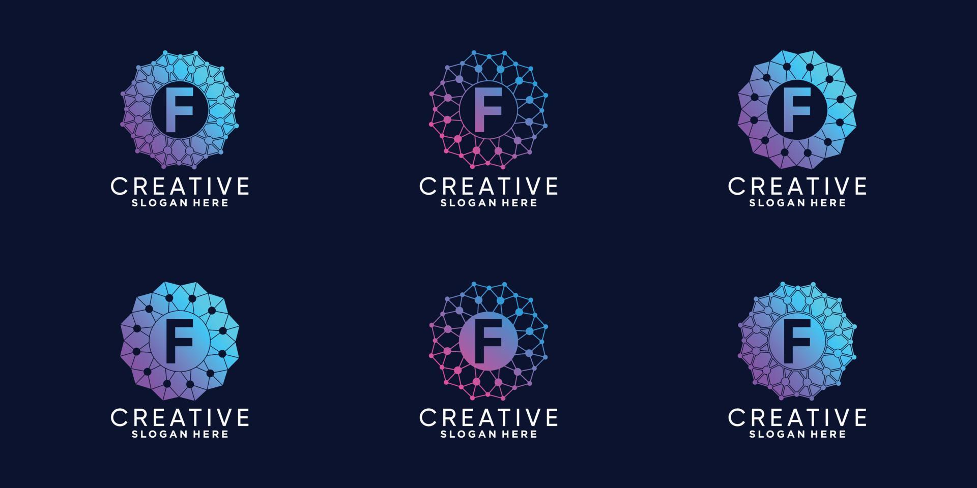 Set of monogram logo design for technology initial letter F with line art and dot style vector