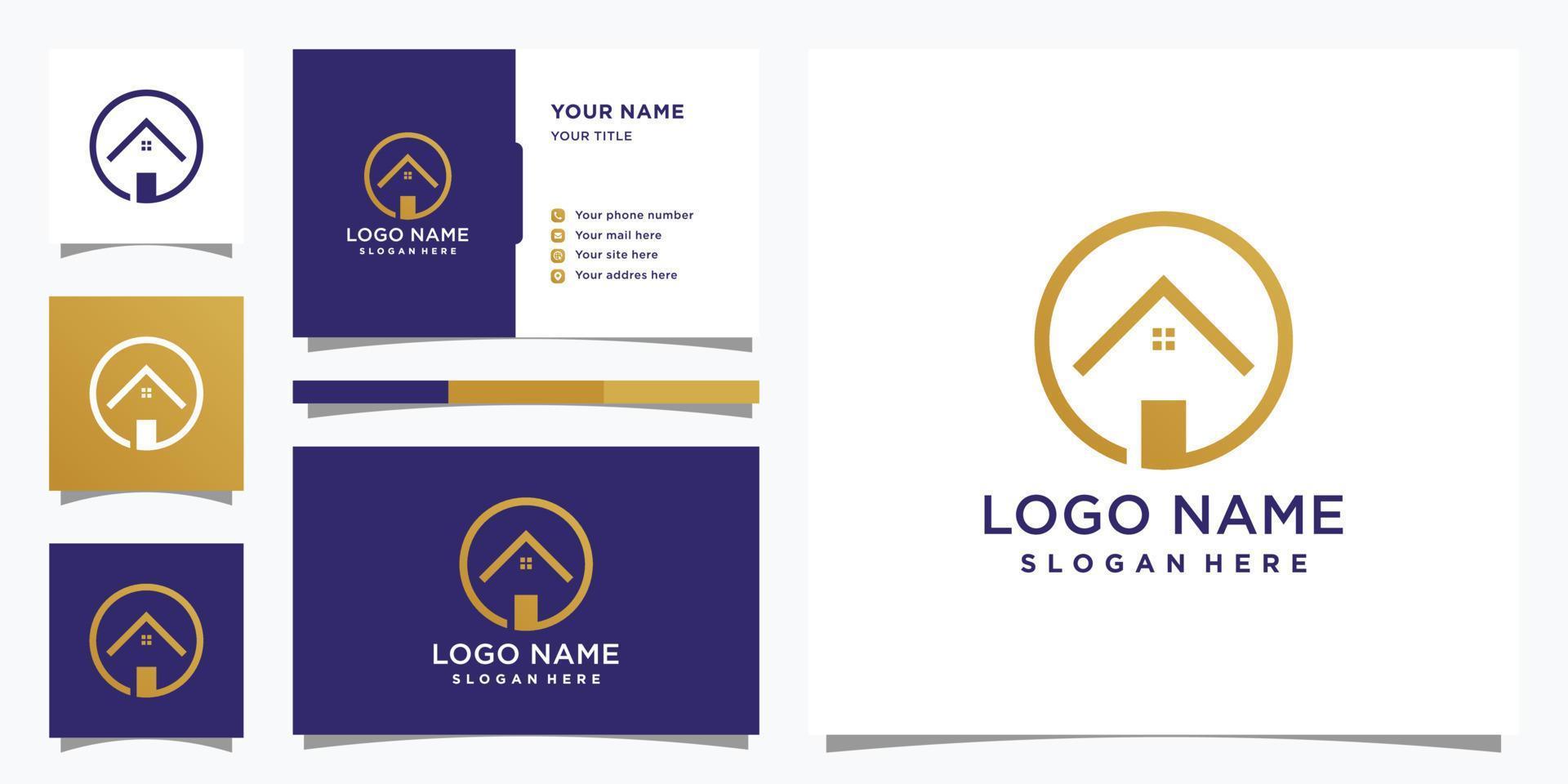 Simple and elegant home logo design with circle style concept. Logo design template and business card Premium Vector