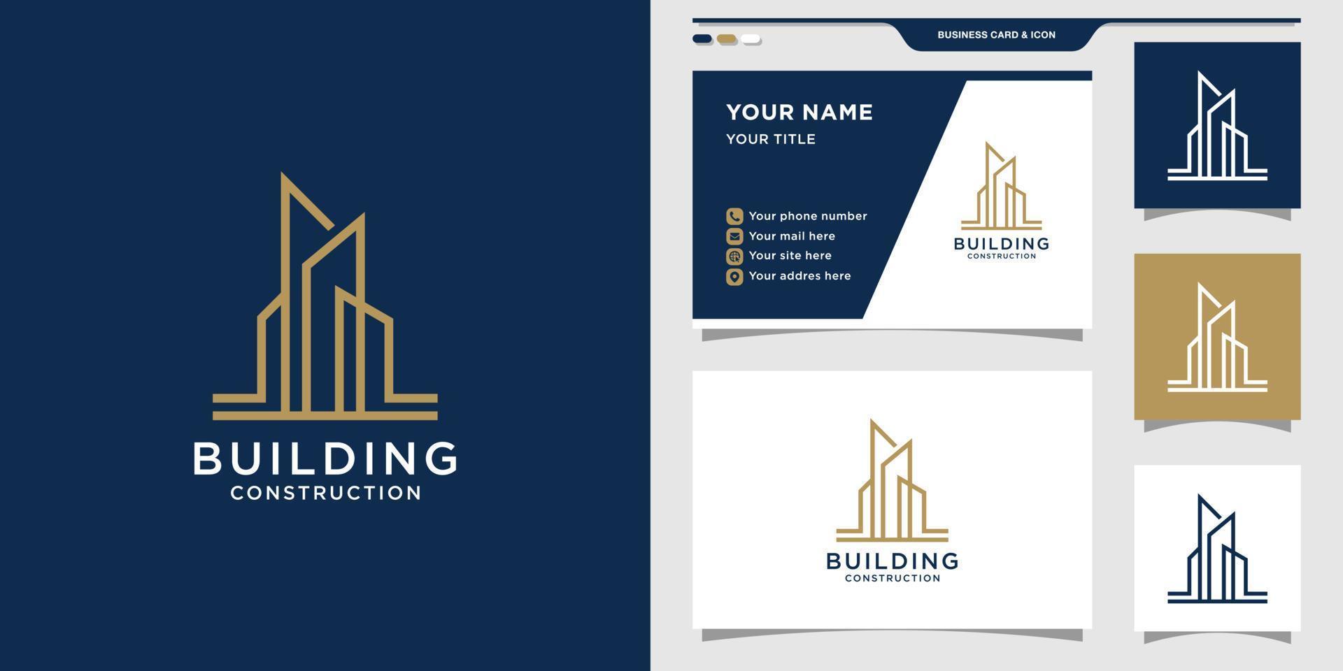 Building logo design with linear style and business card. Logo design inspiration, illustration. Premium Vector