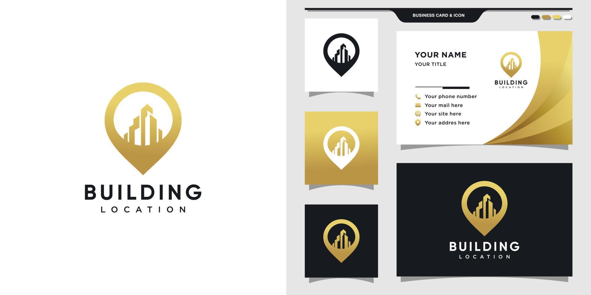 Building location logo design with pin concept. Logo and business card design. Premium Vector