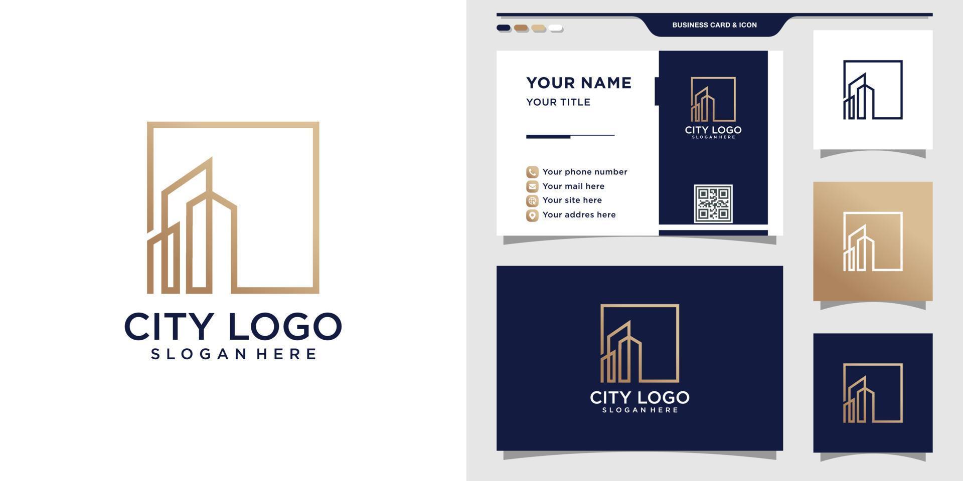City logo with line art style and business card design Premium Vector