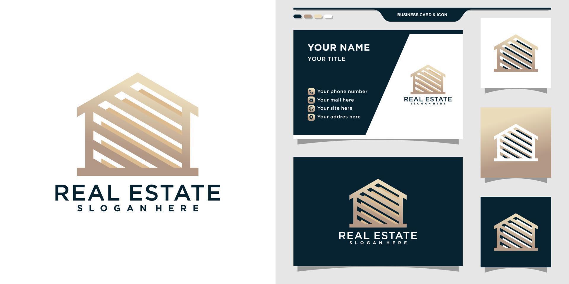 logotipo inmobiliario con estilo de arte de línea dorada. logotipo de casa elegante para empresa comercial y diseño de tarjeta de visita. vector premium