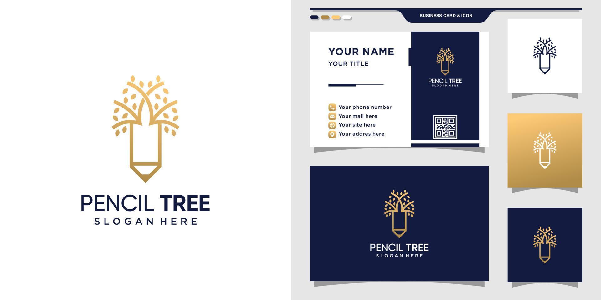 Pencil combined with tree logo and business card design Premium Vector