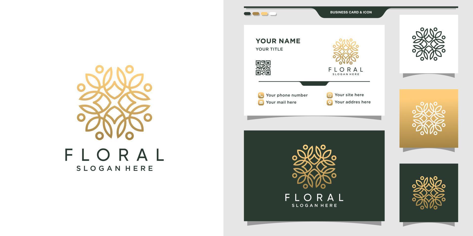 diseño de logotipo floral con estilo de arte de línea y diseño de tarjeta de visita vector premium