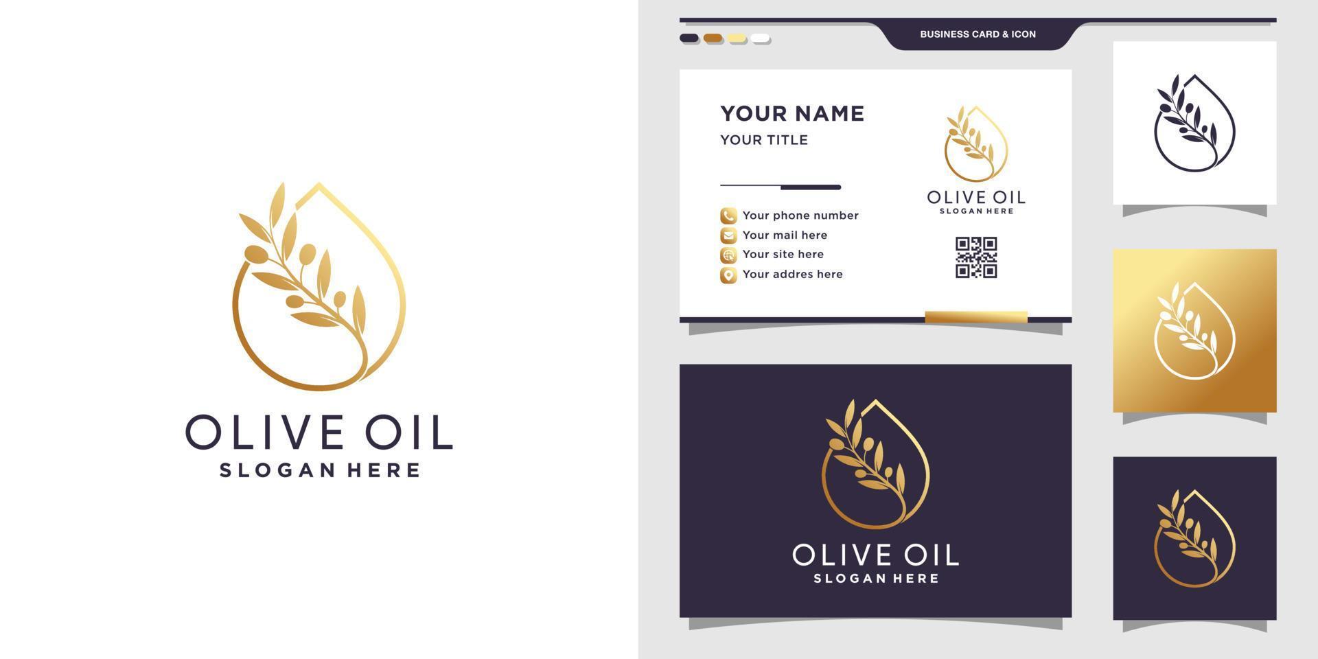 Olive oil and water drop logo with line art style and business card design Premium Vector