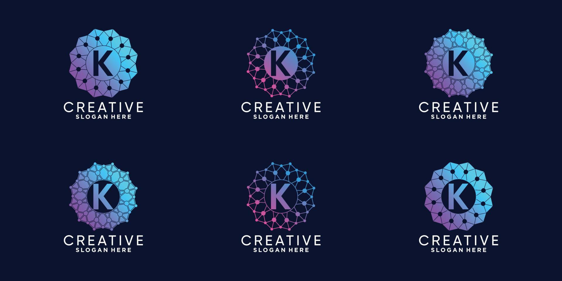 Set of monogram logo design for technology initial letter K with line art and dot style vector