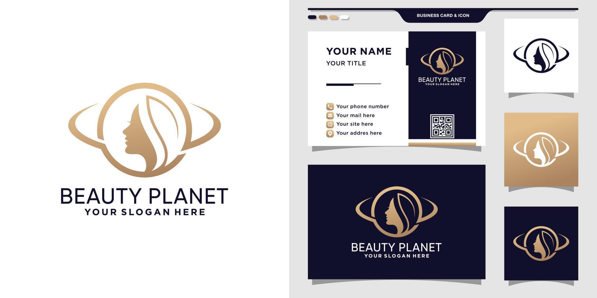 logotipo de cara de mujer de belleza con concepto de planeta y diseño de tarjeta de visita vector