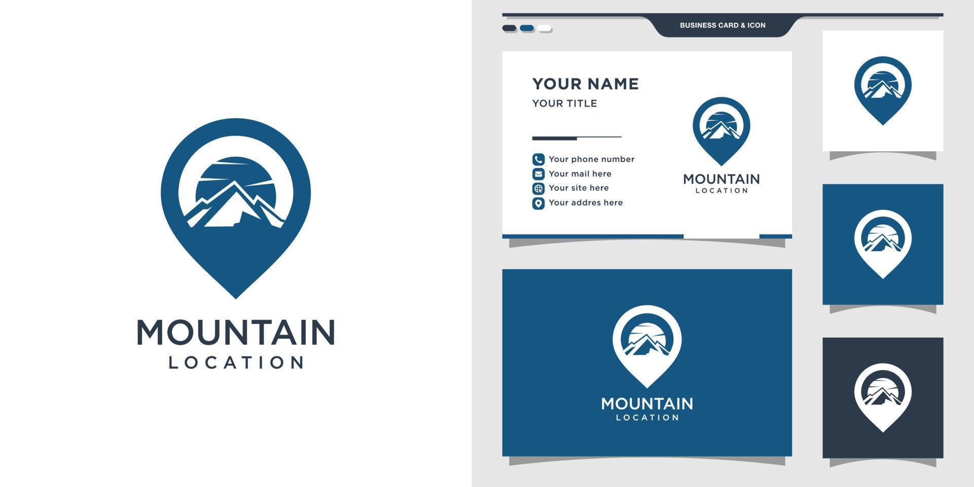 logotipo de ubicación de montaña con concepto de pin. diseño de logotipo y tarjeta de visita. vector premium