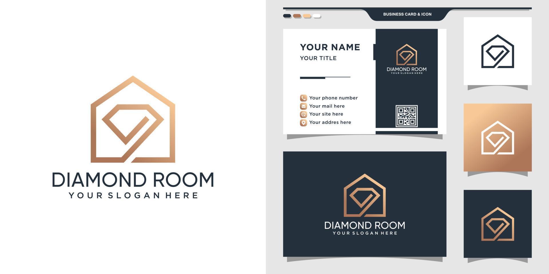 House with diamond logo in line art style and business card design Premium Vector