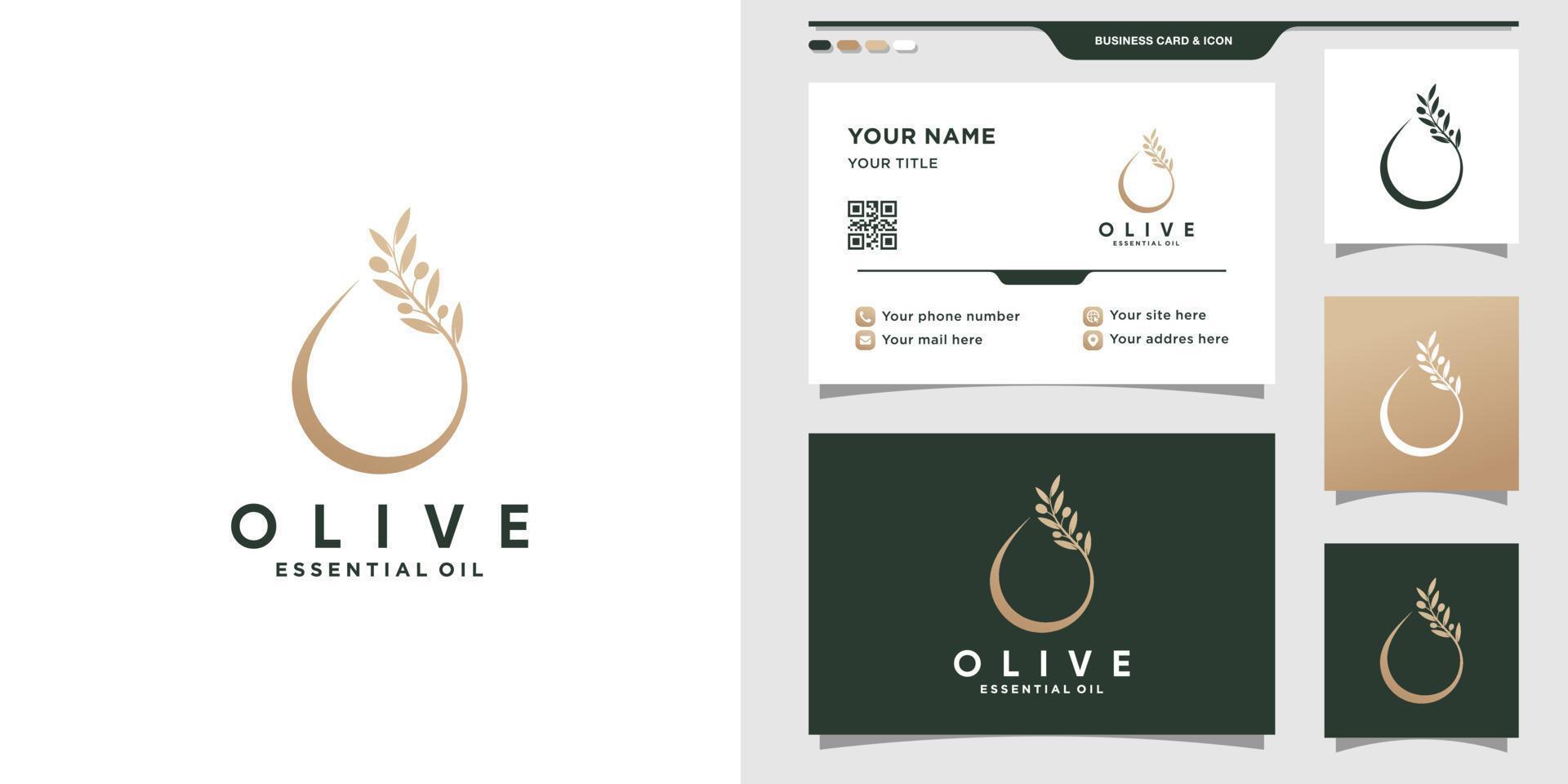 logotipo moderno de olivo y aceite con estilo de arte lineal y diseño de tarjeta de visita vector premium