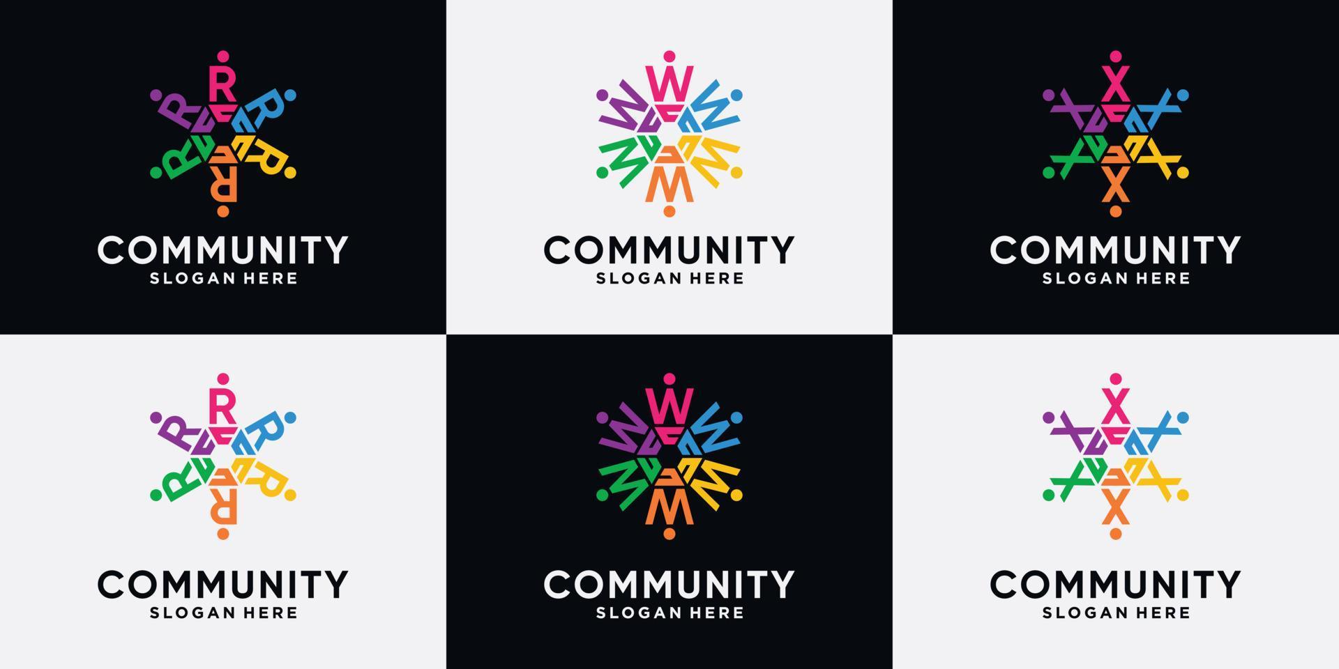 Set bundle of community logo design initial letter R, W, X with creative concept. vector
