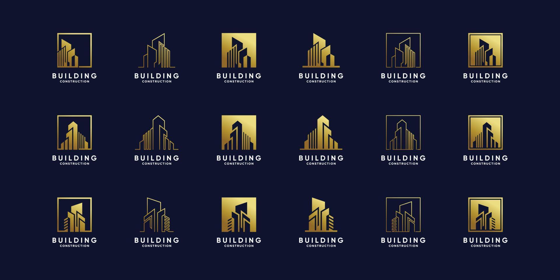 conjunto de plantilla de diseño de logotipo de construcción de edificios con color de estilo degradado dorado vector