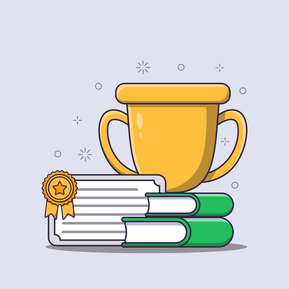 Gold trophy with cartificate and book cartoon illustration vector