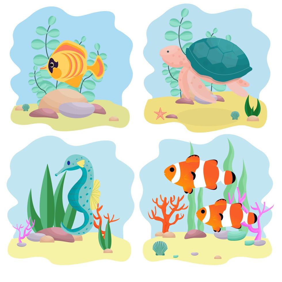 conjunto de composición acuática con habitantes submarinos, imágenes prediseñadas aisladas, elementos de diseño sobre fondo blanco ilustración vectorial de stock. ilustración vectorial vector